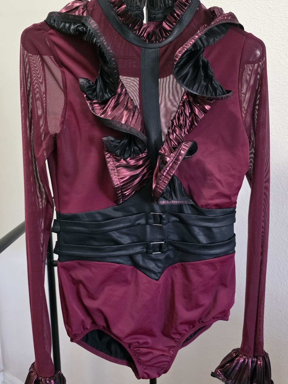 Girls' Burgundy and Black Ruffle One-Piece Dance Costume